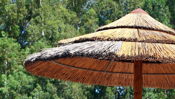 Un espace piscine agrémenté de parasols en chaume et de chaises longues.