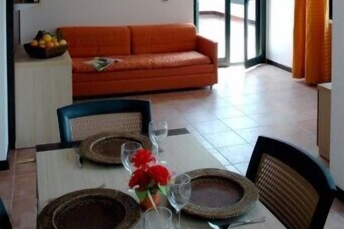 Een woonkamer met een bank, een eettafel met borden en glazen, en een keukenhoek met een fruitschaal.