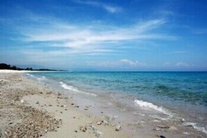 Aan een privéstrand, een gratis shuttleservice van/naar het strand