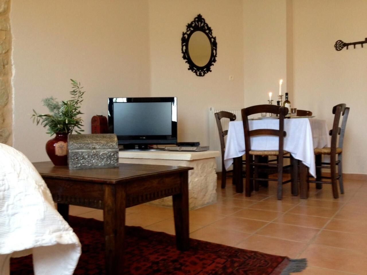 Un salon avec un téléviseur, une table à manger avec des chaises, un miroir et un vase avec une plante.