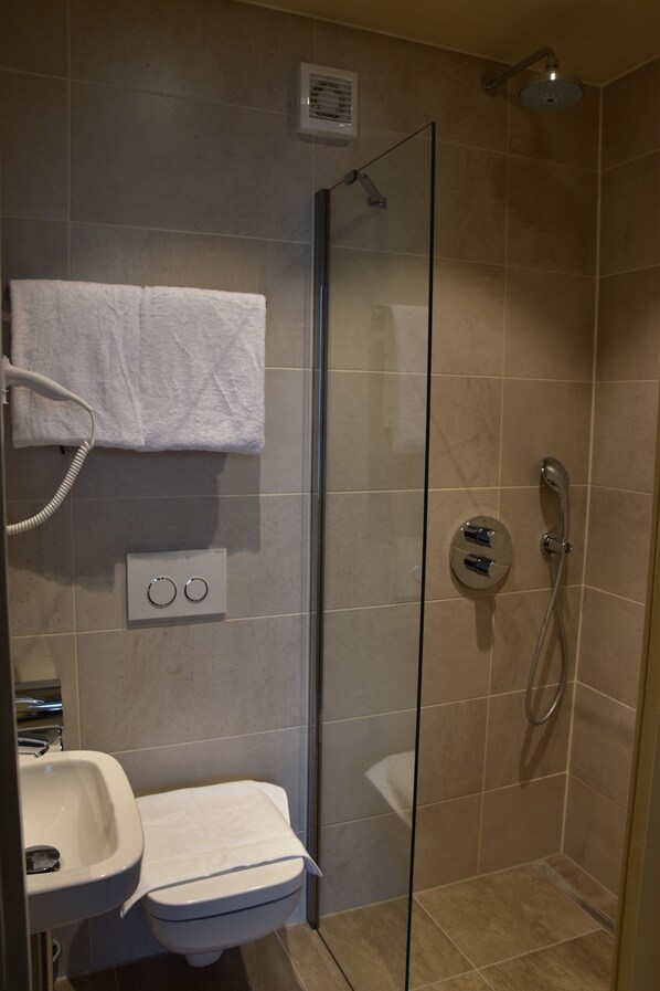 A modern bathroom with a glass-enclosed shower, a toilet, and a sink.