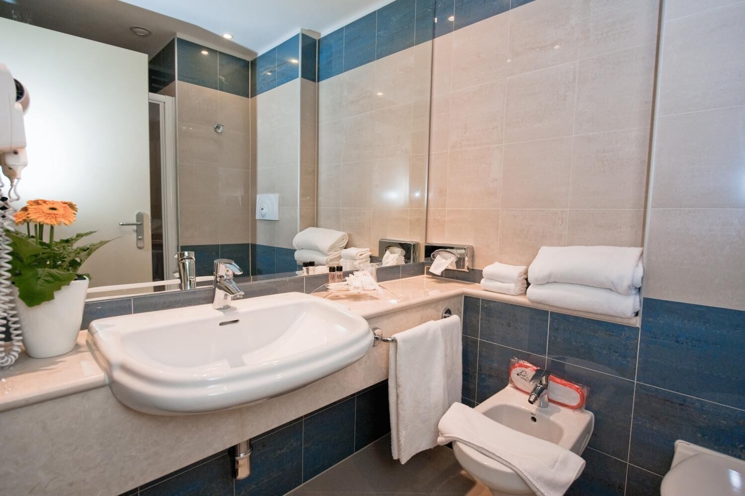 free toiletries, hair dryer, slippers, bidet