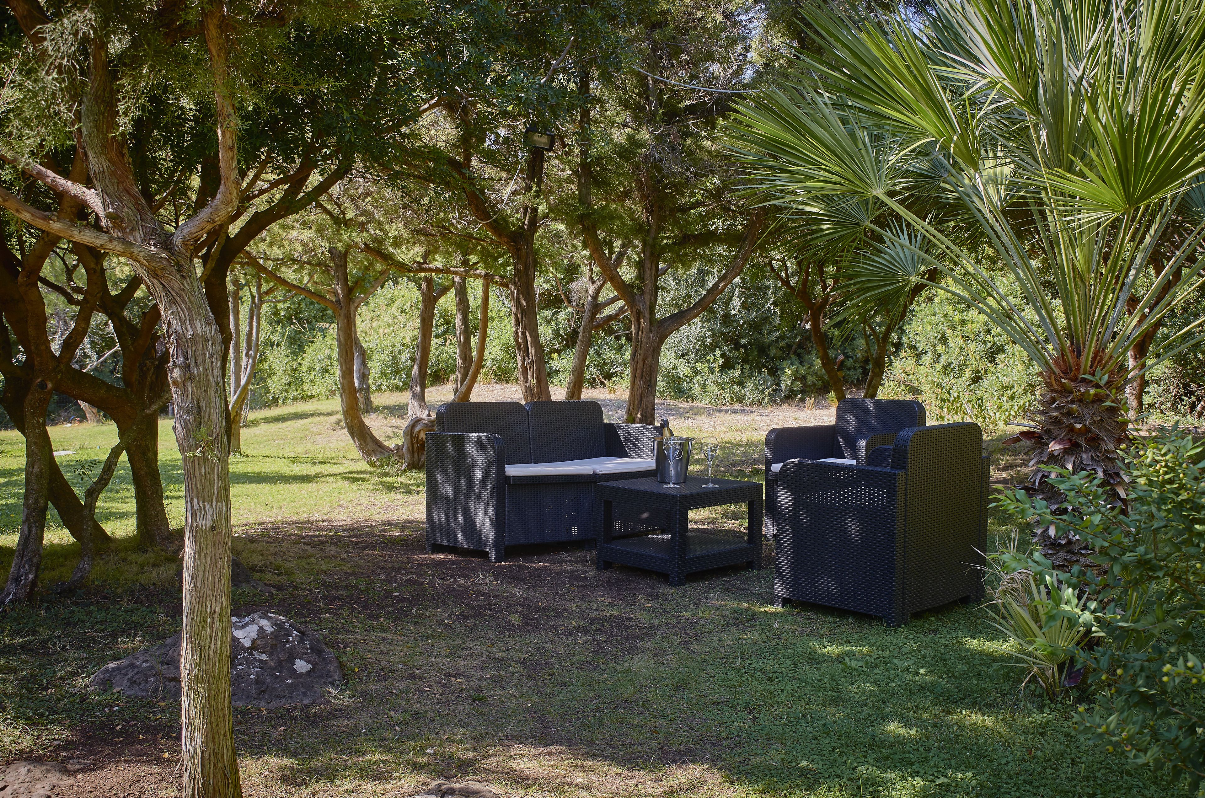 An outdoor seating area with wicker furniture and a small table, surrounded by trees and greenery.