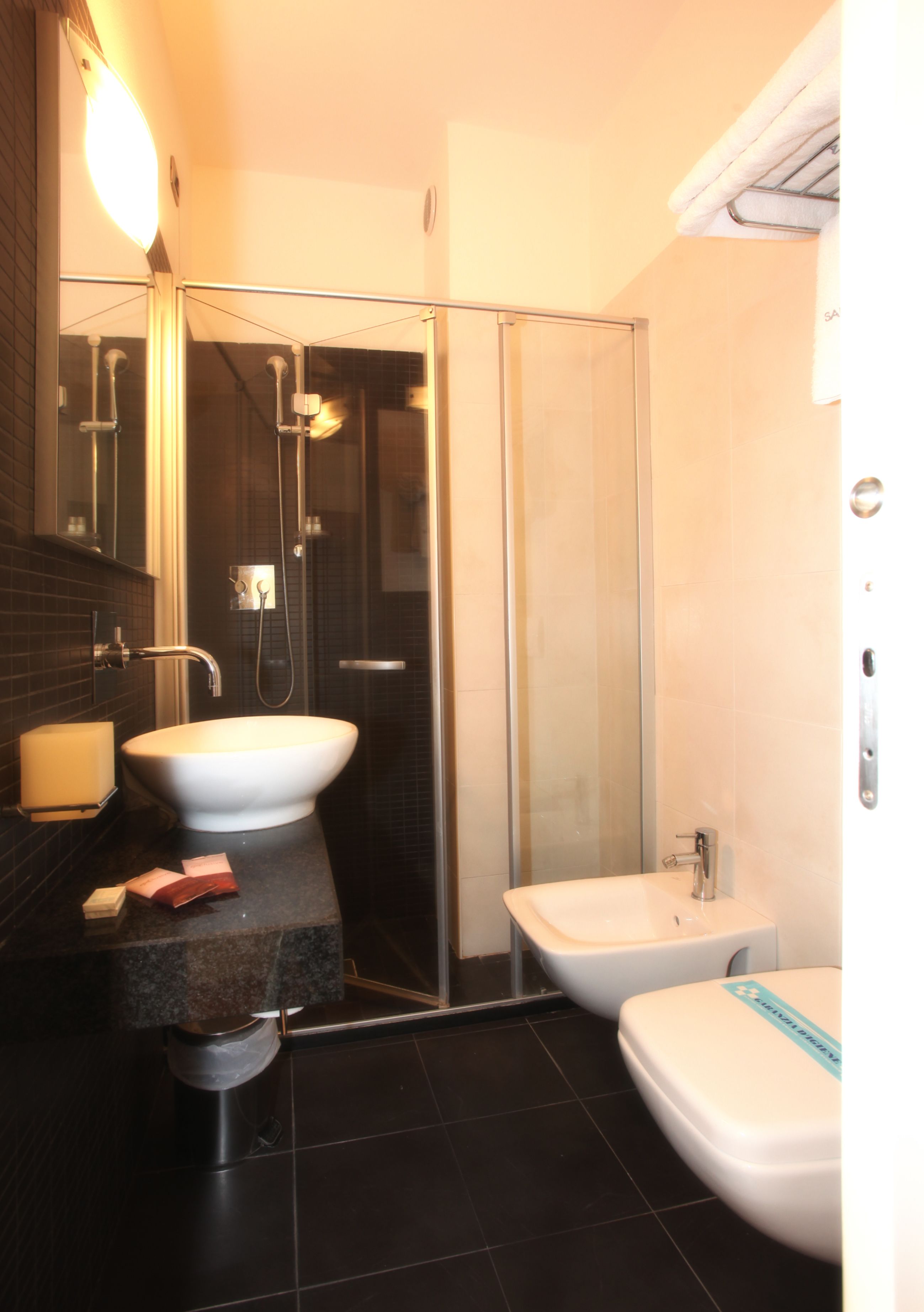 hair dryer, bidet, towels