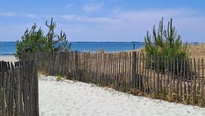 Una playa arenosa con una valla de madera y vegetación escasa.