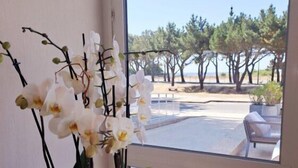 Un arreglo de orquídeas en maceta sobre un pedestal de madera junto a una ventana con vista a un estacionamiento y árboles.