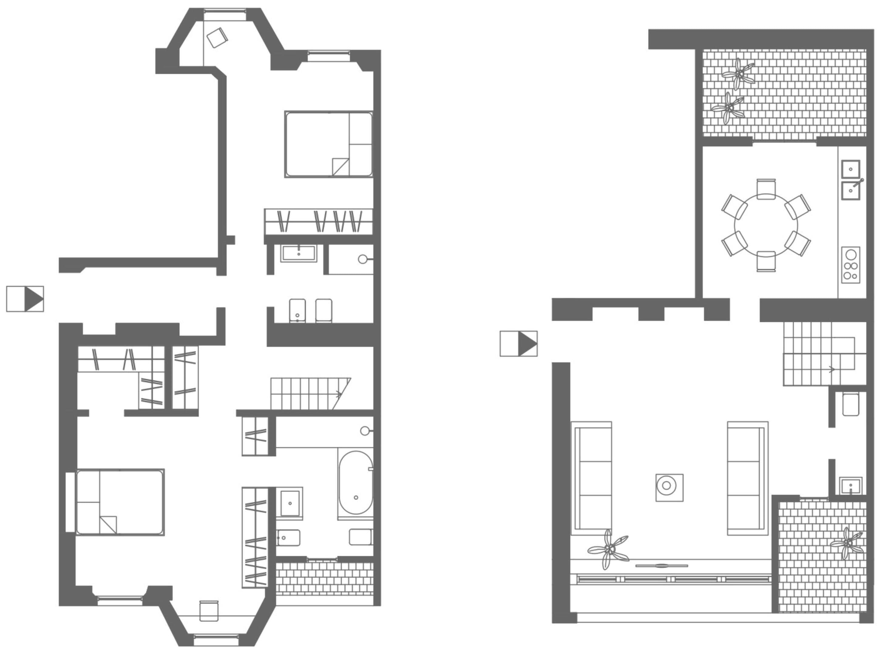 A floor plan of a hotel with a dining area, kitchen, and multiple bedrooms.