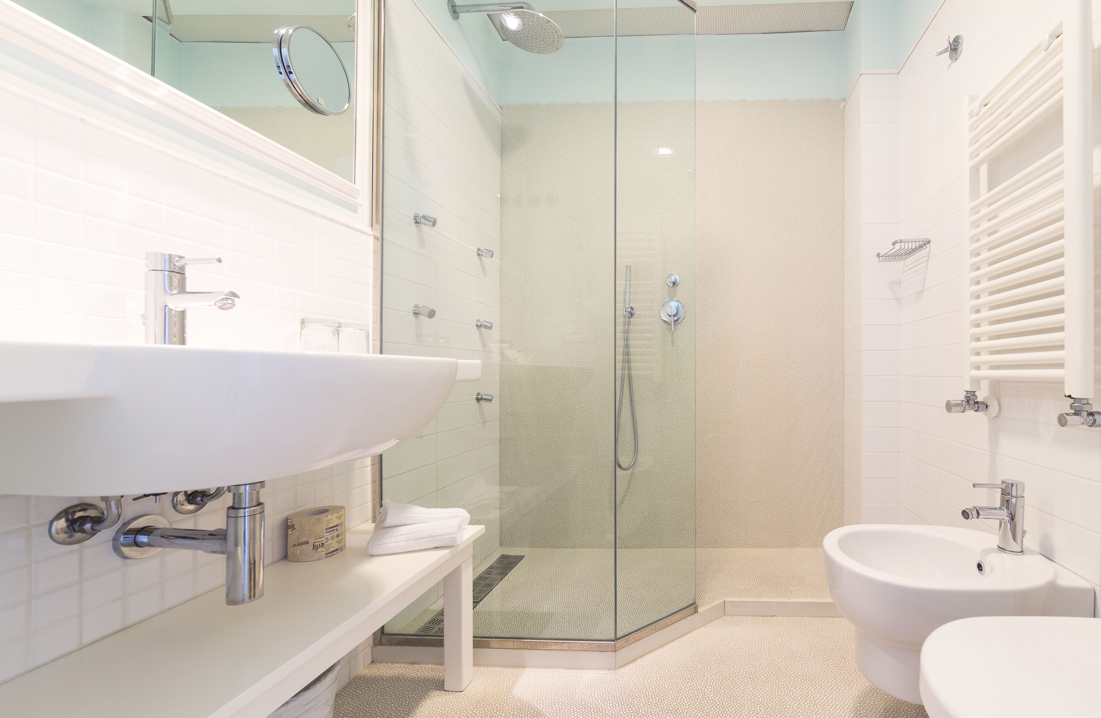 A modern bathroom with a glass-enclosed shower, a white sink, and a bidet.