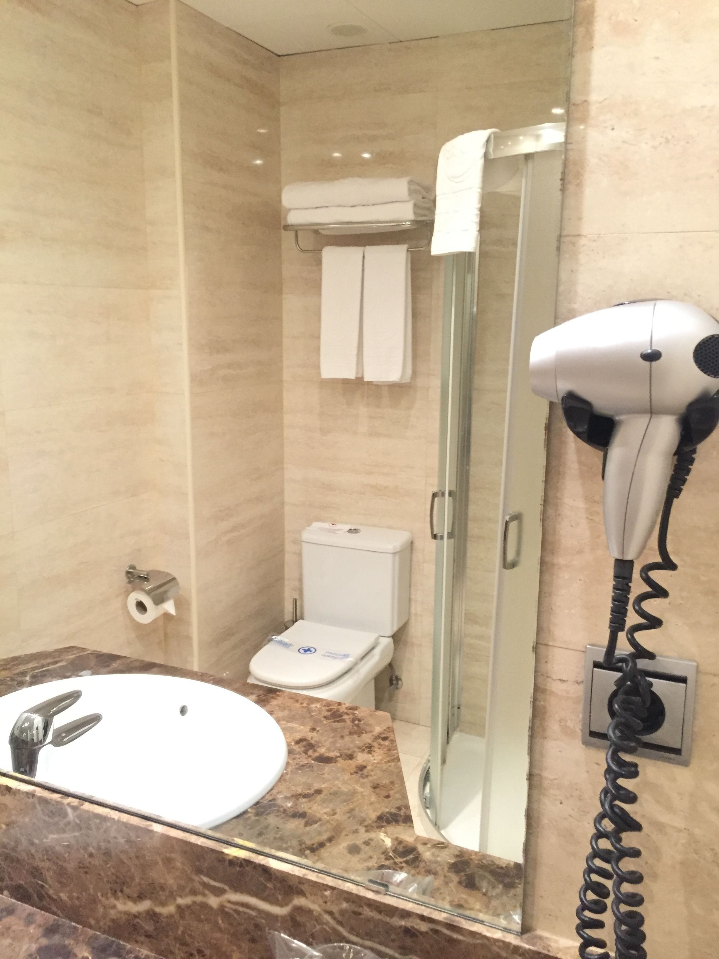 free toiletries, hair dryer, bidet, towels