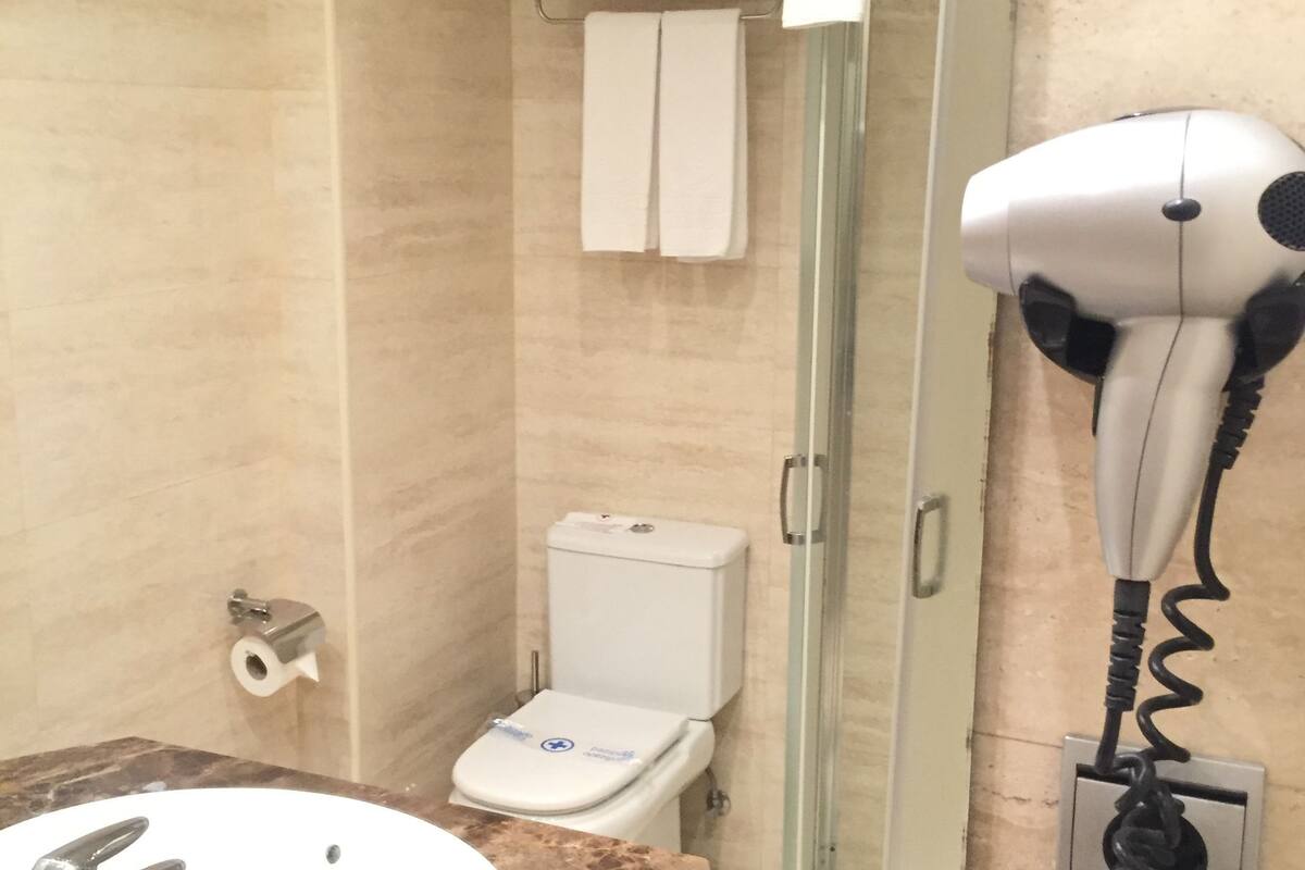 free toiletries, hair dryer, bidet, towels