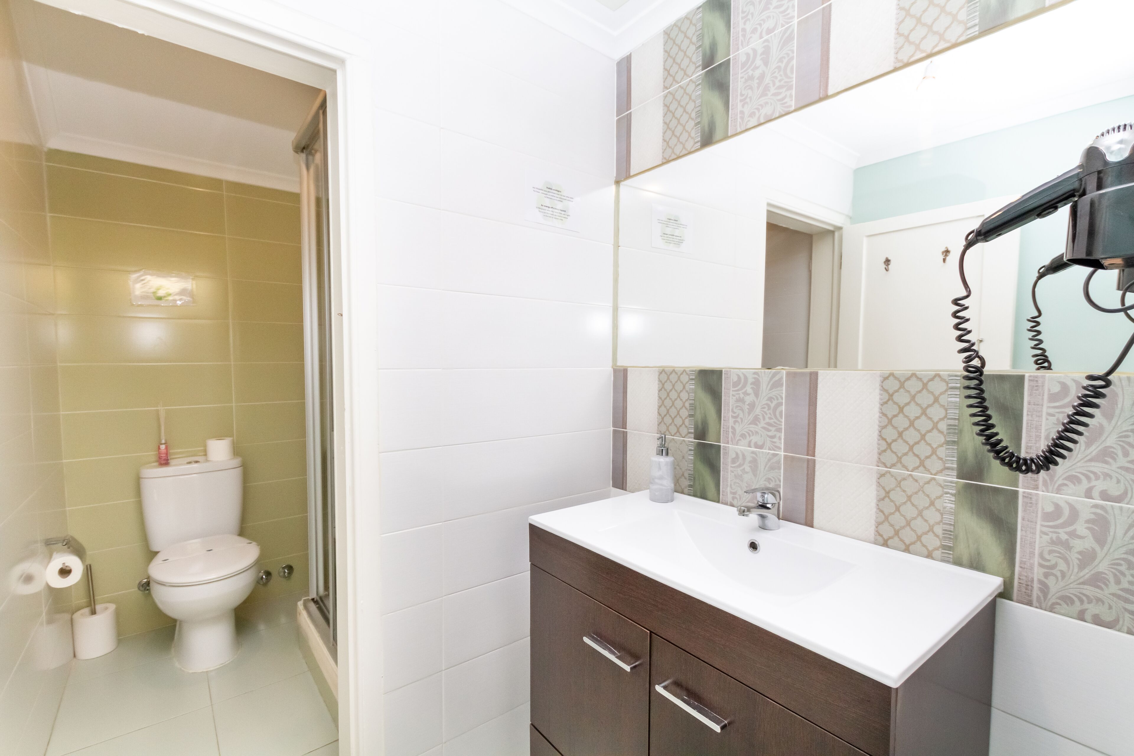 Un baño con inodoro, lavamanos y secador de pelo en la encimera.