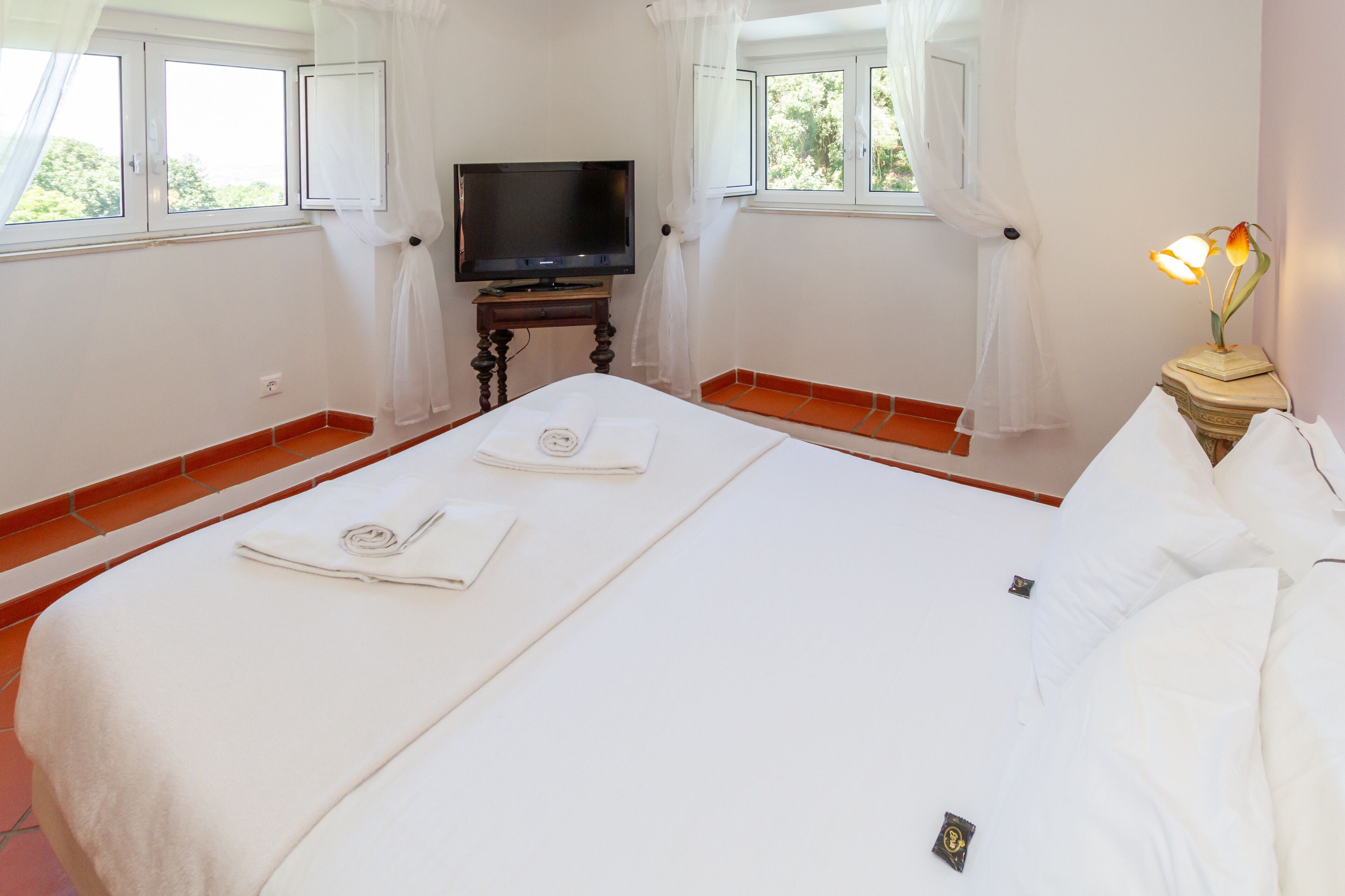 Quarto de hotel com uma cama grande, uma televisão sobre um suporte de madeira e um vaso com flores em uma mesa de cabeceira.