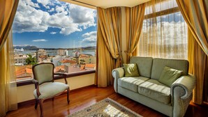 Una habitación con vistas a la ciudad y al mar, un sofá, una silla y un tapete estampado.