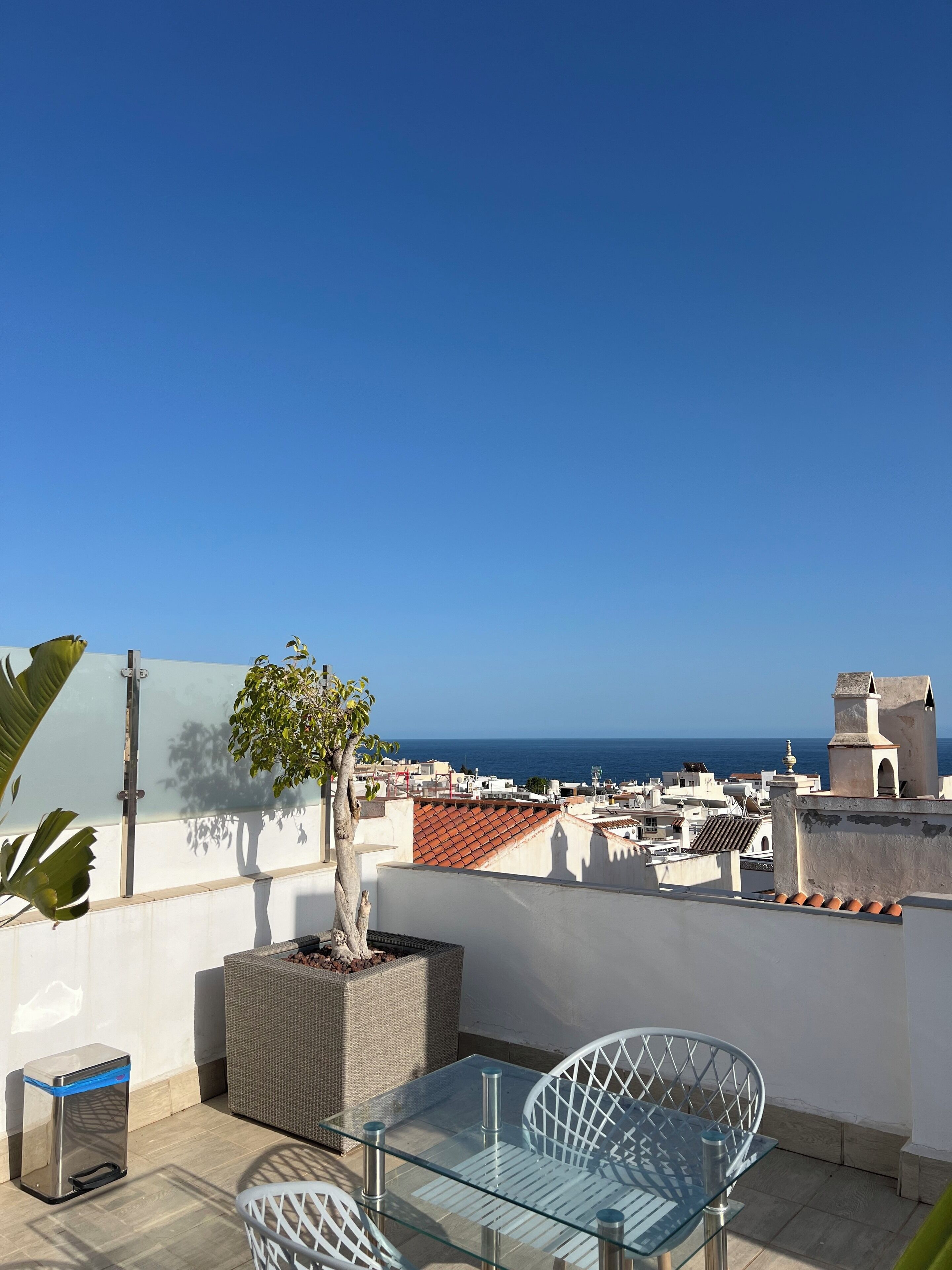 A rooftop terrace with a glass table and chairs, a potted tree, and a view of the sea and cityscape.