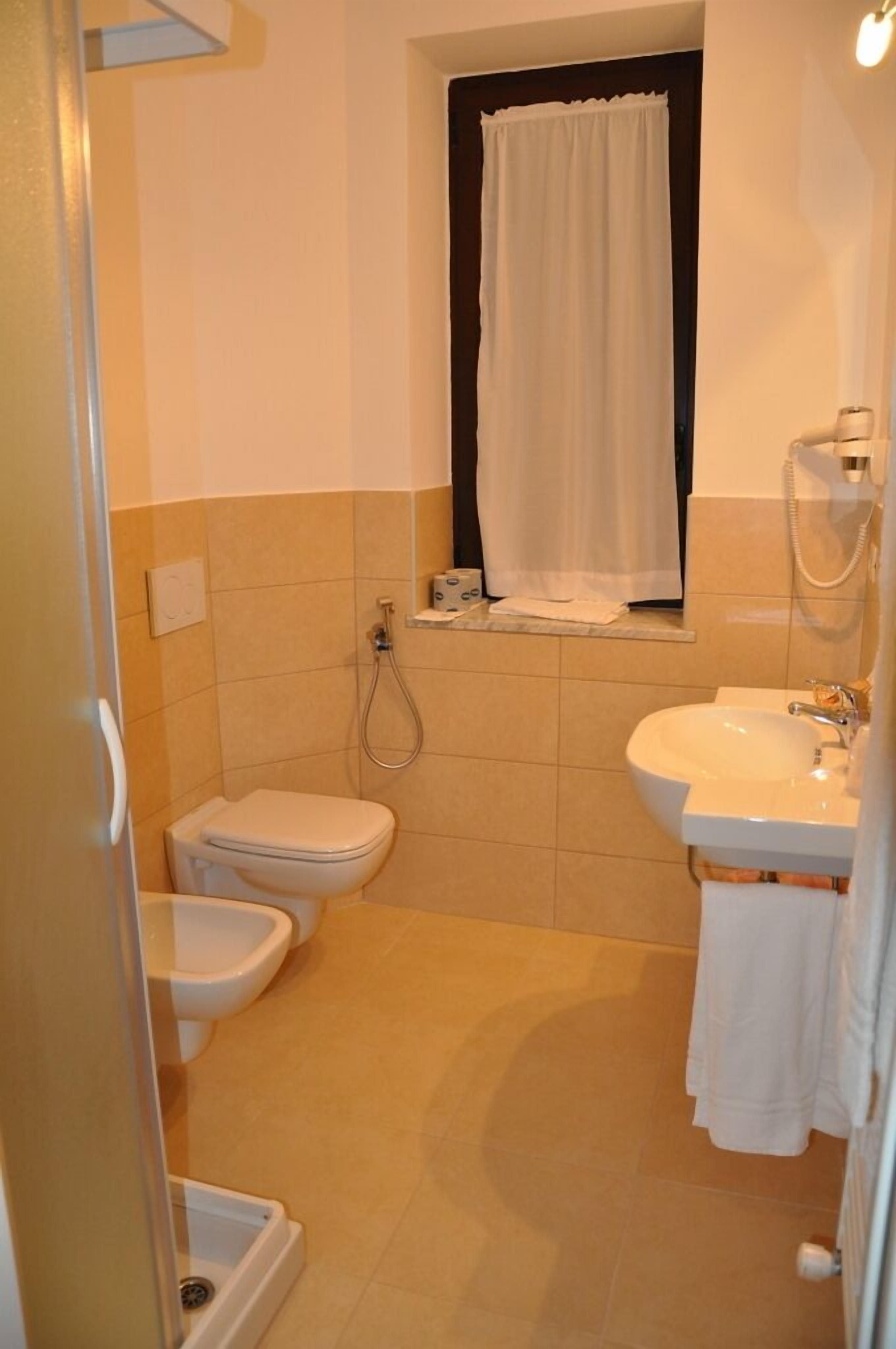 shower, hair dryer, bidet, towels