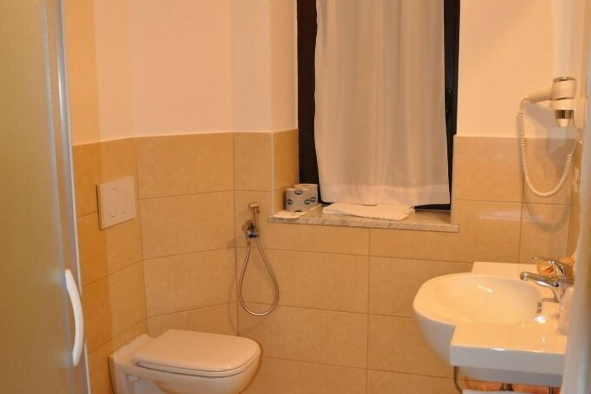 shower, hair dryer, bidet, towels