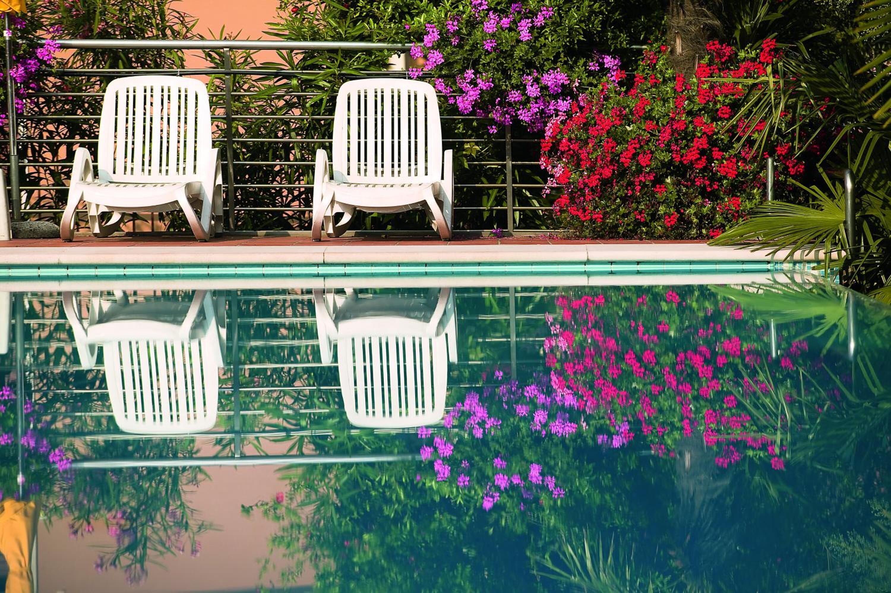 outdoor pool, pool umbrellas, pool loungers