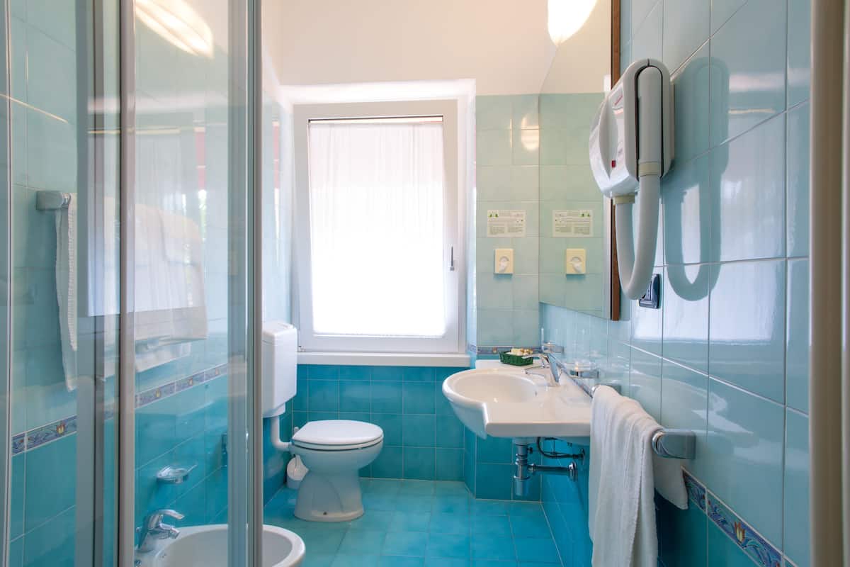 Comfort tweepersoonskamer | Badkamer | Een haardroger, een bidet, handdoeken