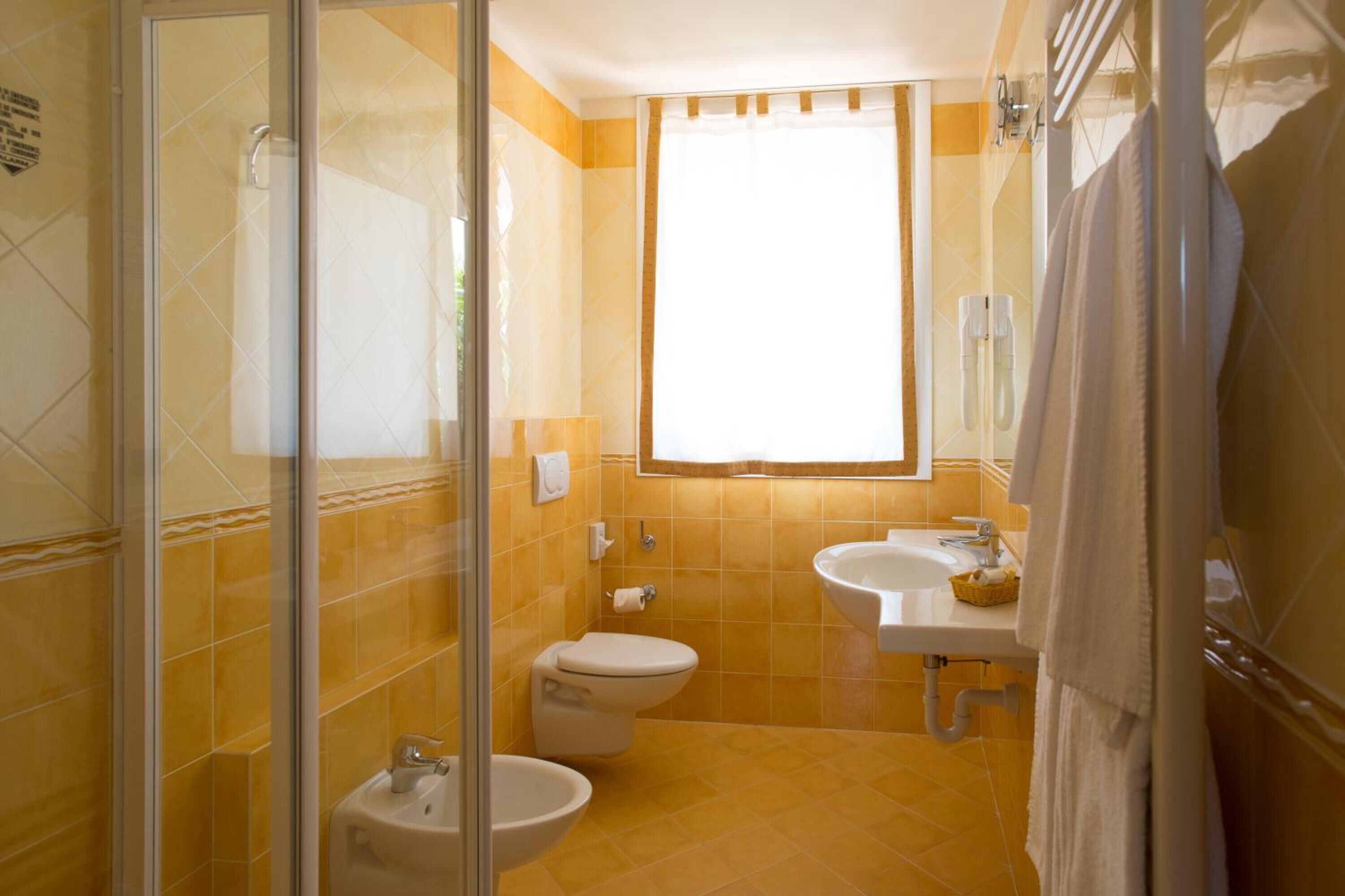 hair dryer, bidet, towels