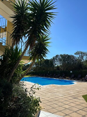 Outdoor pool, open 10:00 AM to 7:00 PM, pool loungers