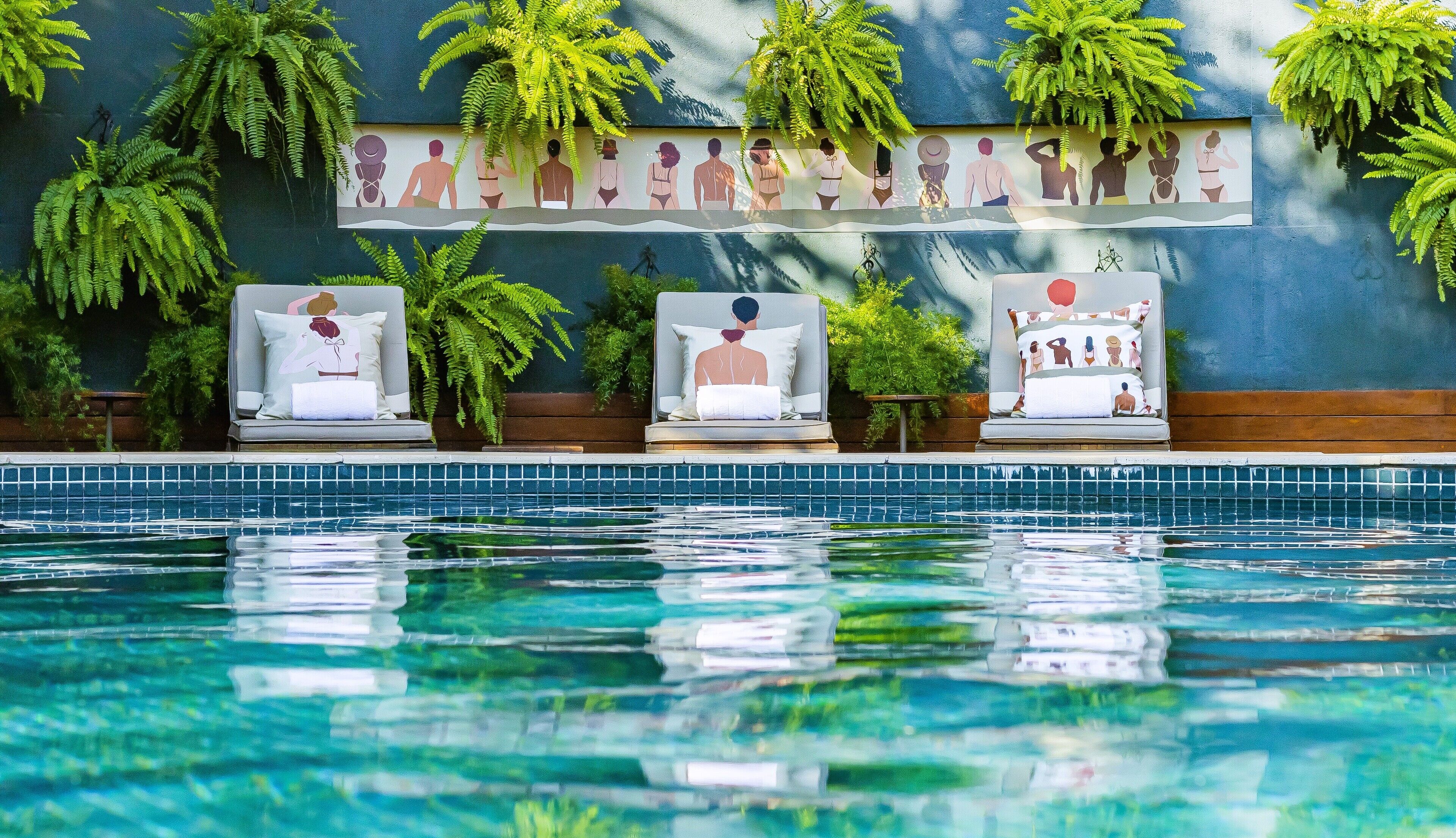 outdoor pool, pool loungers