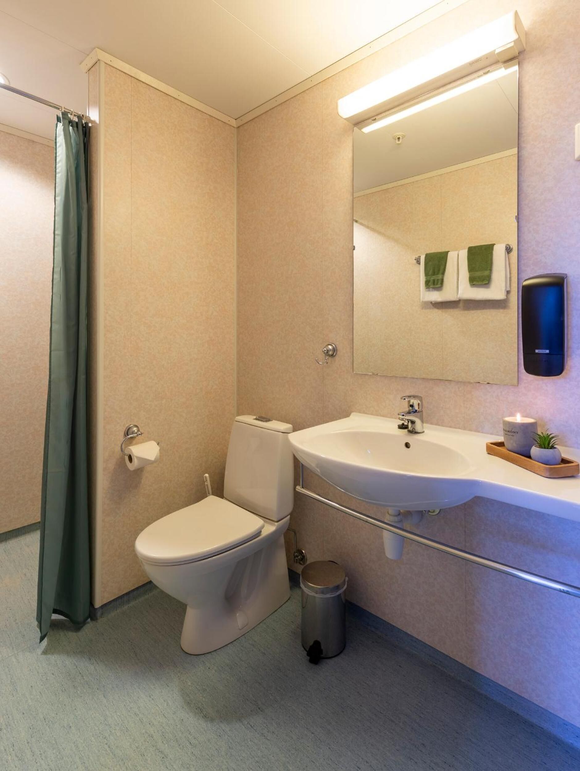 A bathroom with a toilet, sink, mirror, and a shower curtain.