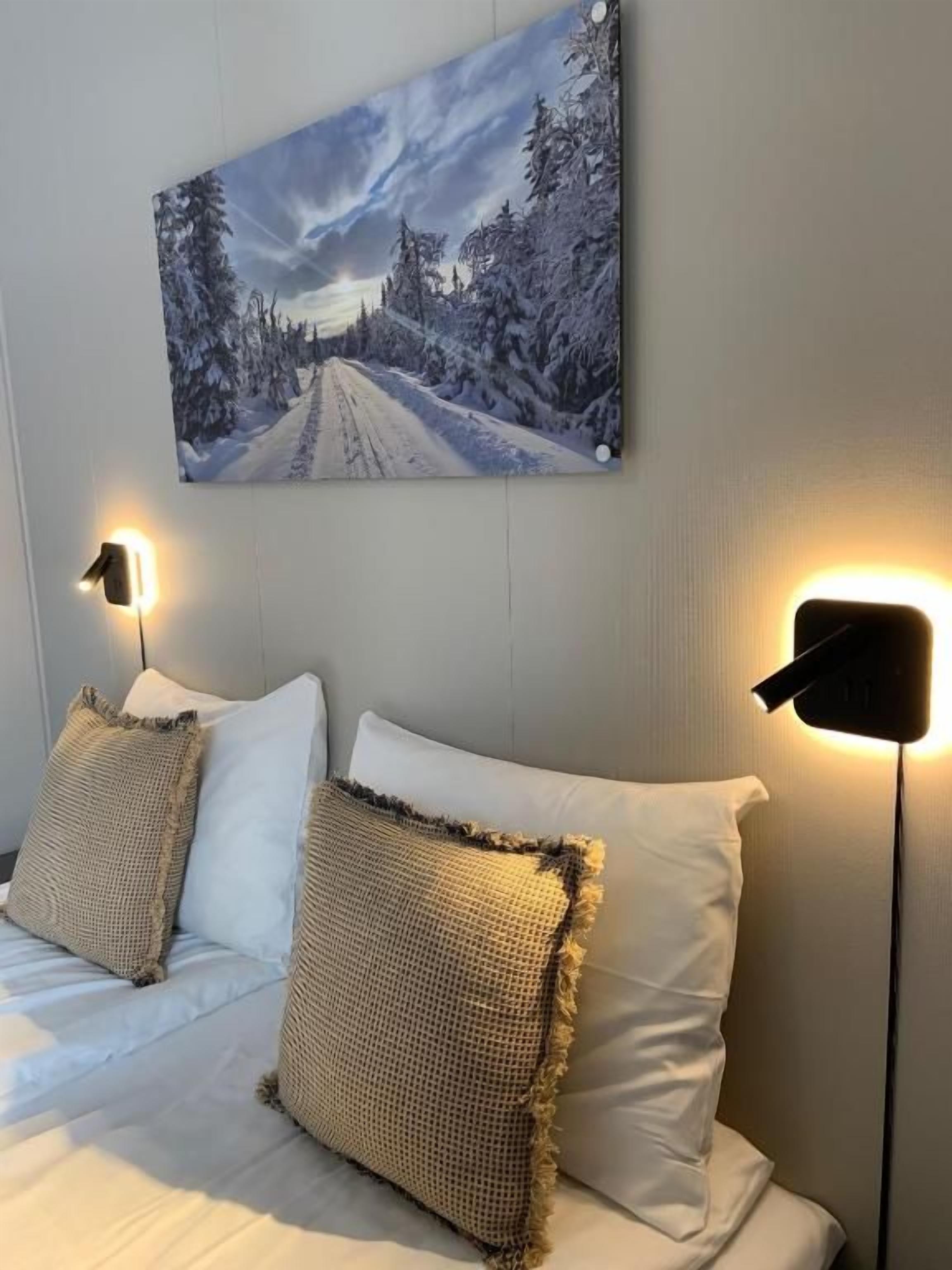 A bedroom with a bed, two pillows, a wall-mounted painting of a snowy road, and two wall-mounted lamps.