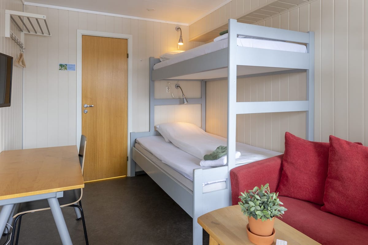 A bunk bed room with a desk, a red couch, and a small table with a plant and remote control.