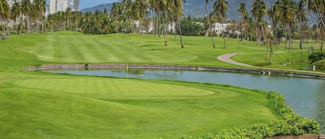 Campo de golf con un obstáculo acuático, palmeras y montañas al fondo.