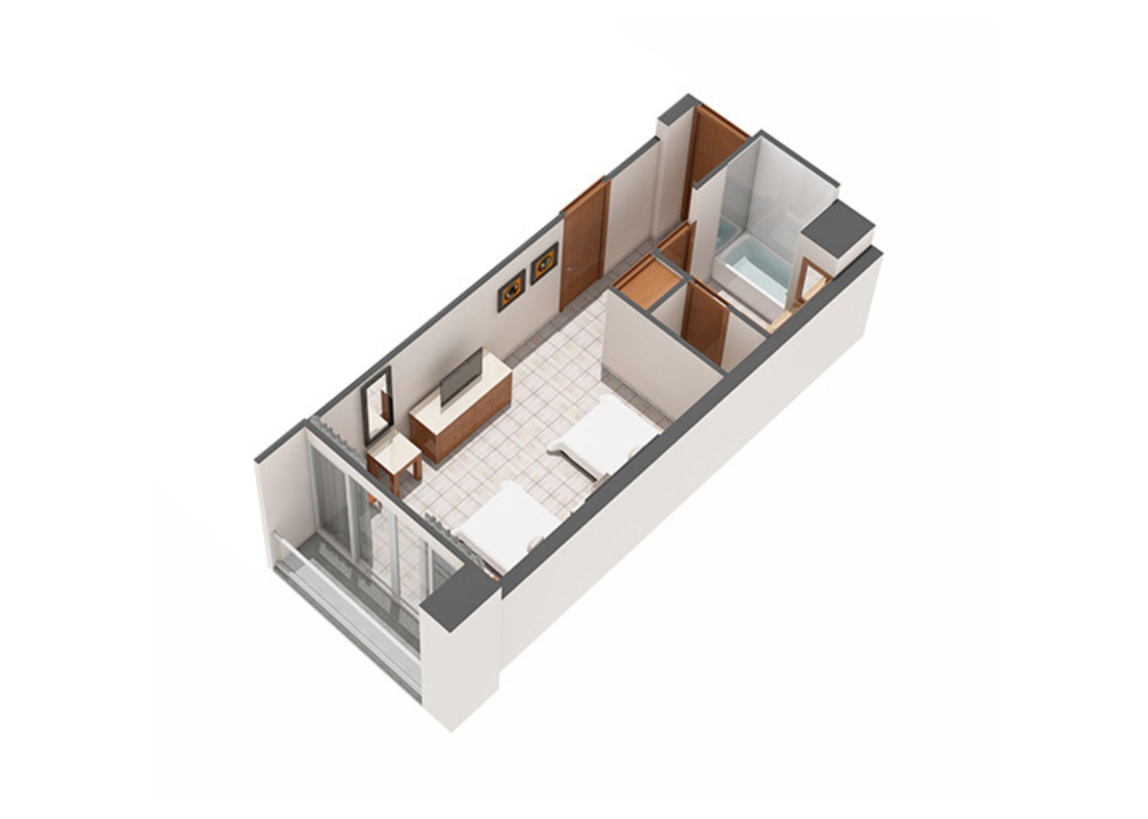 A 3D floor plan of a modern apartment with a living room, kitchen, bathroom, and a balcony.