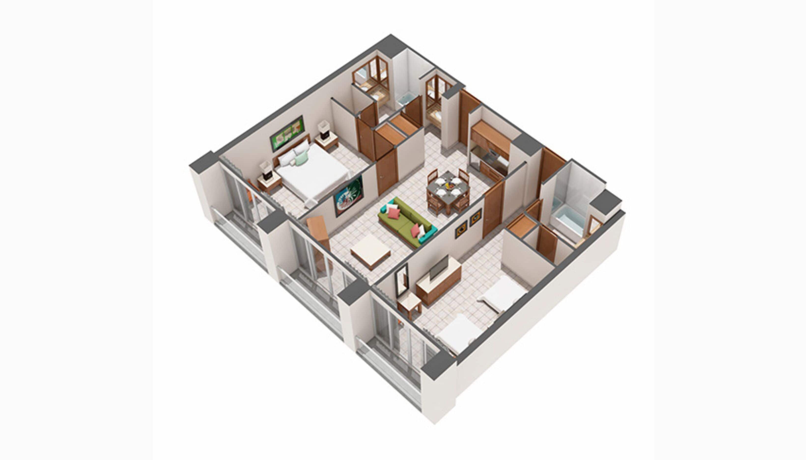 A 3D floor plan of a modern apartment with a living room, kitchen, dining area, two bedrooms, and a bathroom.