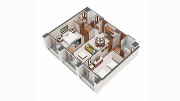 A 3D floor plan of a modern apartment with a living room, kitchen, dining area, two bedrooms, and a bathroom.