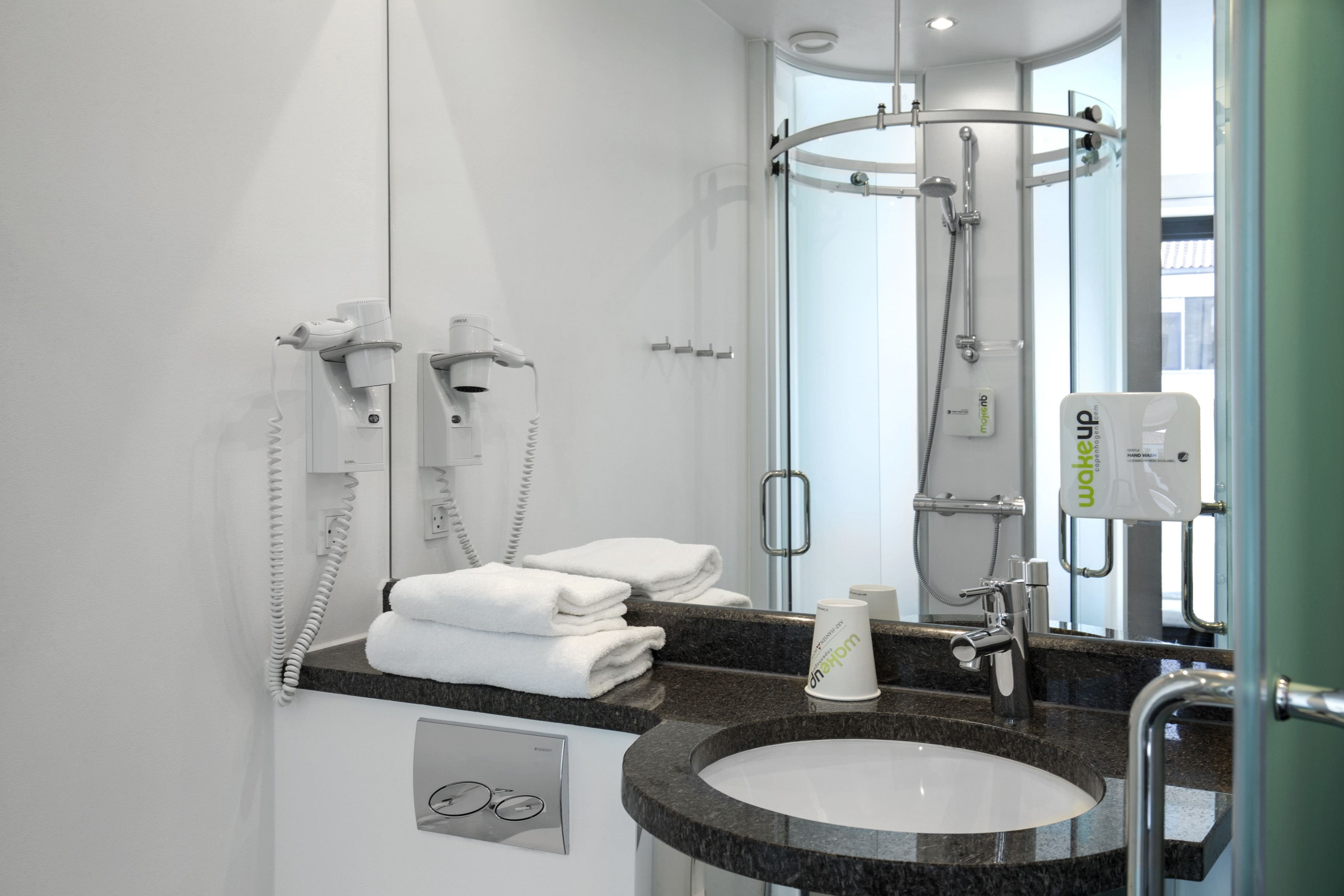 shower, free toiletries, hair dryer, towels