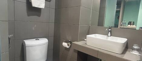 A modern bathroom with a toilet, sink, and mirror.