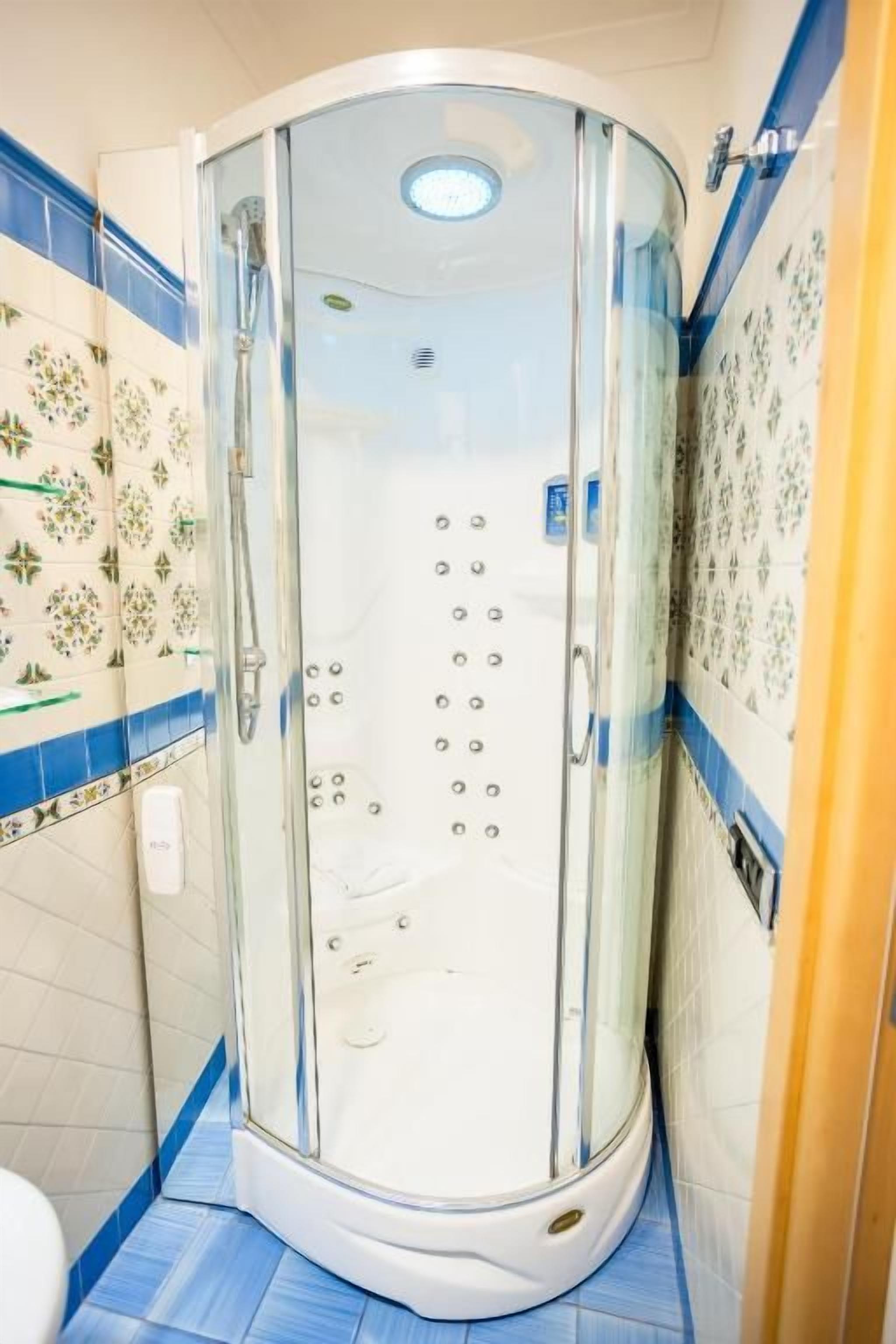 Ducha con puerta de vidrio, pared con diseño floral y piso con baldosas azules.