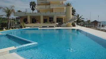 Kauden mukainen ulkouima-allas avoinna 9.00–19.00, aurinkovarjoja