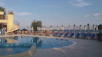 A pool area with blue lounge chairs and umbrellas, a clear sky, and a view of the sea.