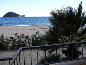 A beach with a distant island, a railing, and some vegetation.