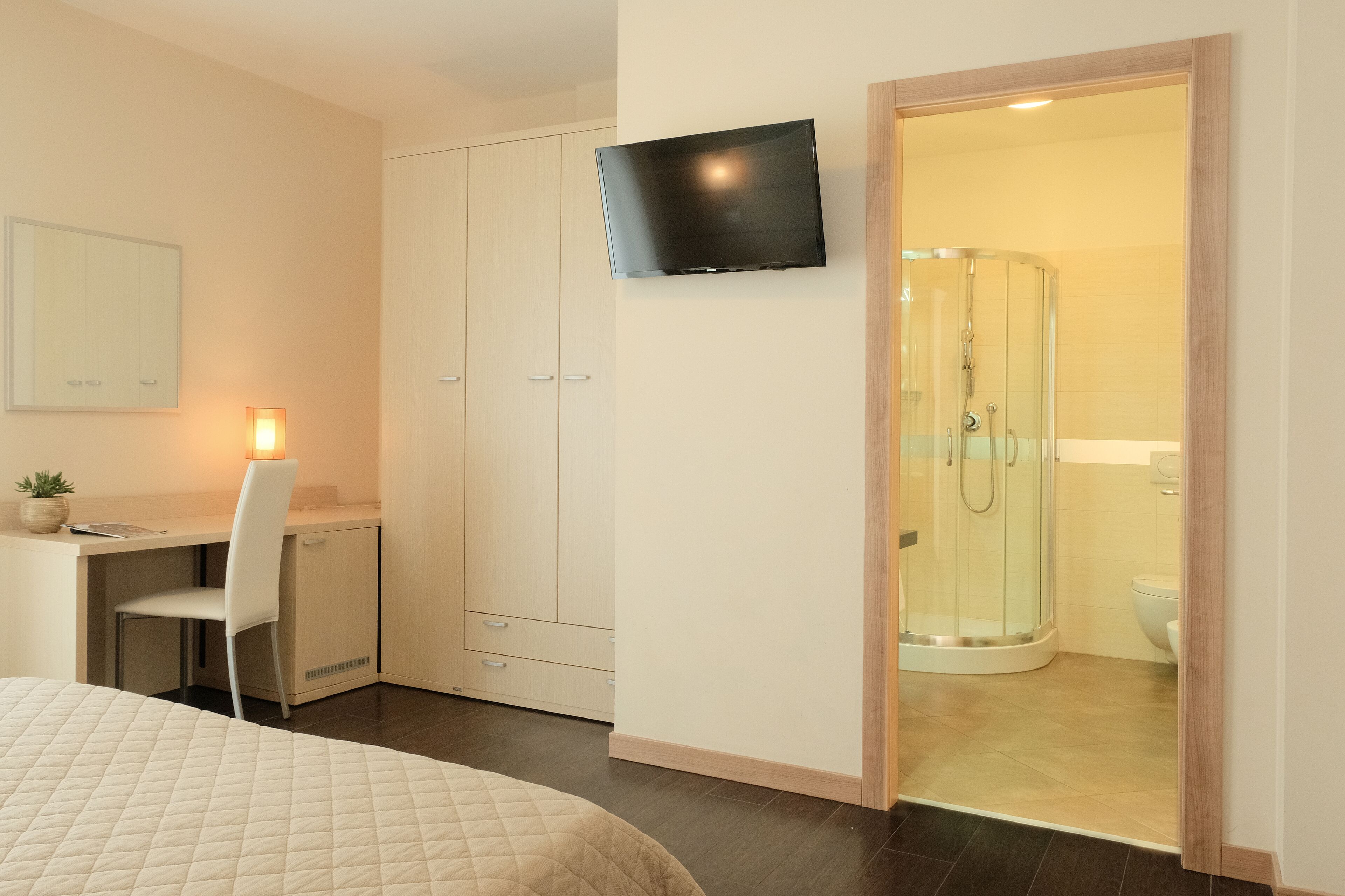 A bedroom with a bed, a desk, a chair, a TV, and a wardrobe.
