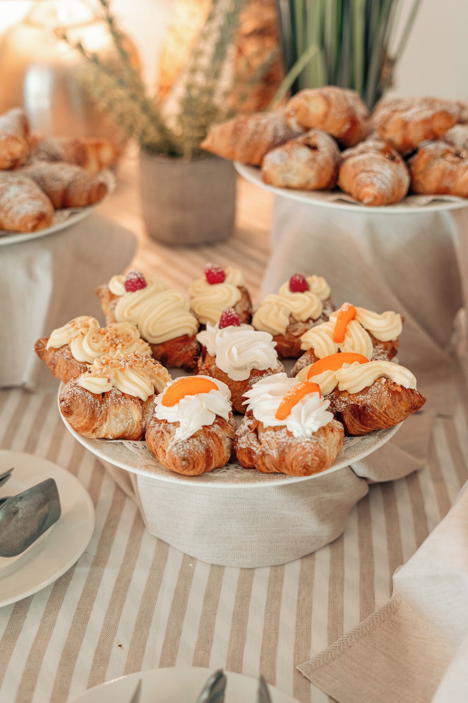 A table with pastries and a potted plant.