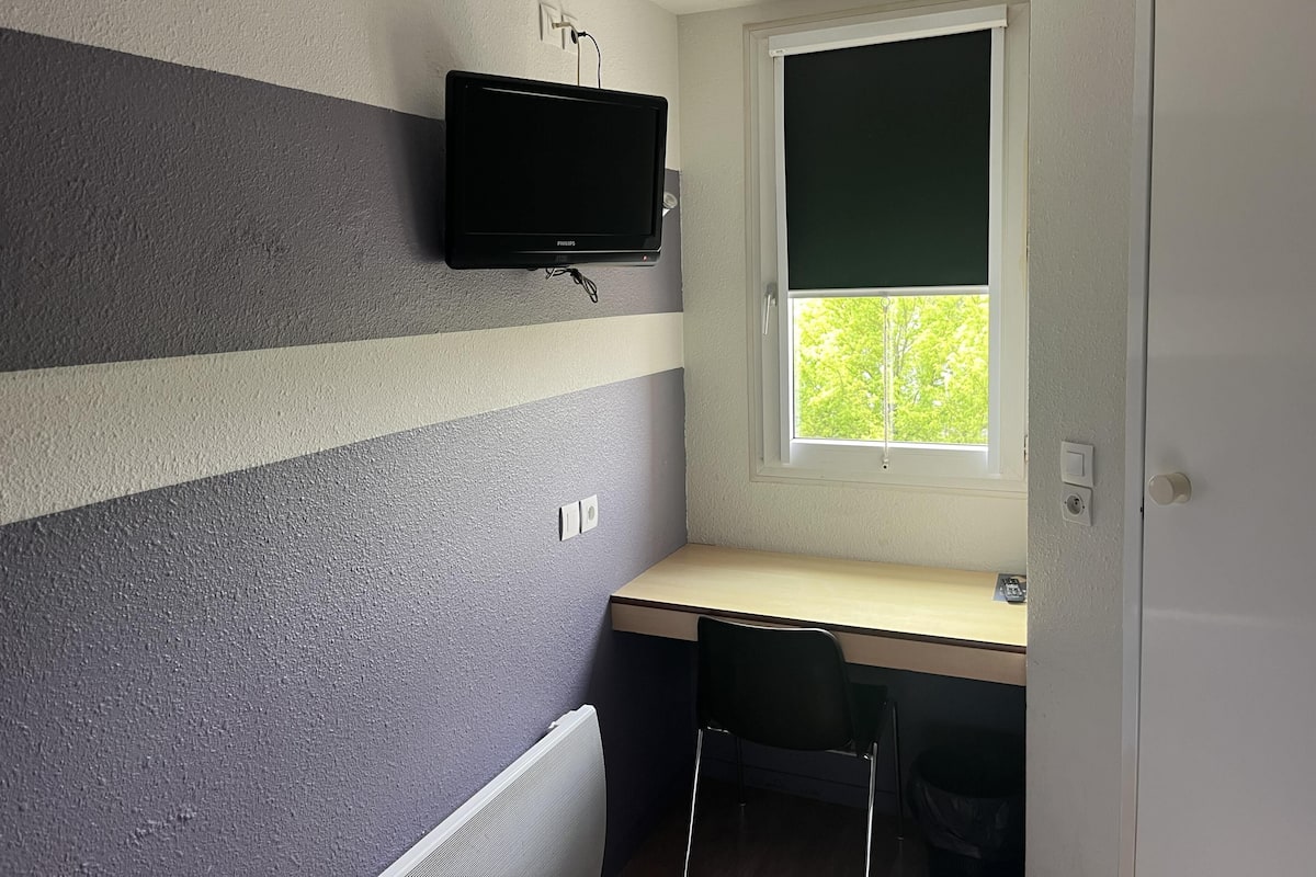 A room with a sloped ceiling, a mounted television, a window with a view of trees, a radiator, and a desk with a chair.