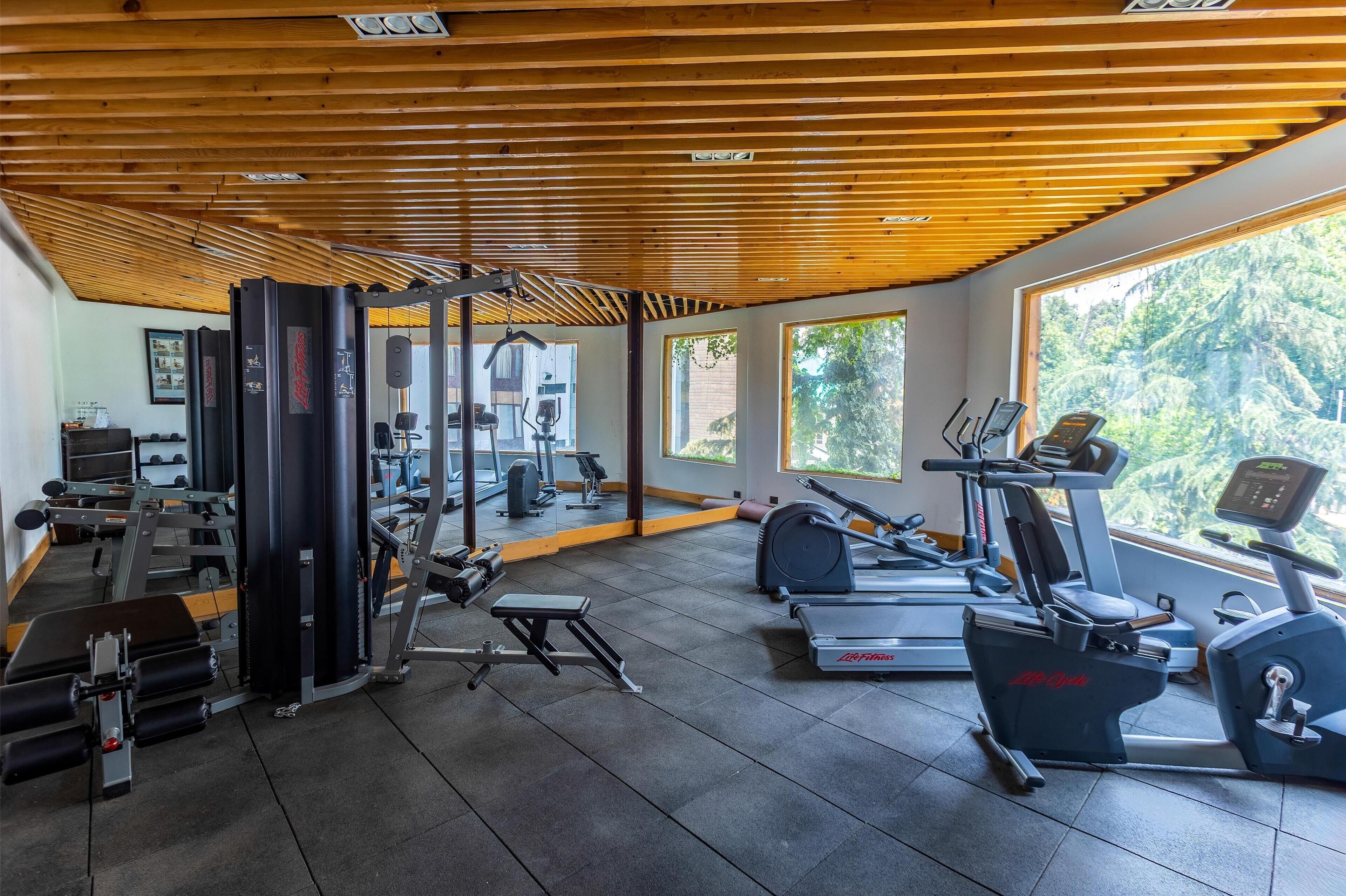 A gym with various exercise equipment, large windows, and a wooden ceiling.