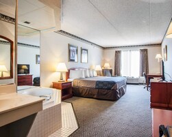 Habitación de hotel con una cama grande, un escritorio, una silla, una lámpara de escritorio, un televisor, un espejo, un baño con bañera y una alfombra estampada.