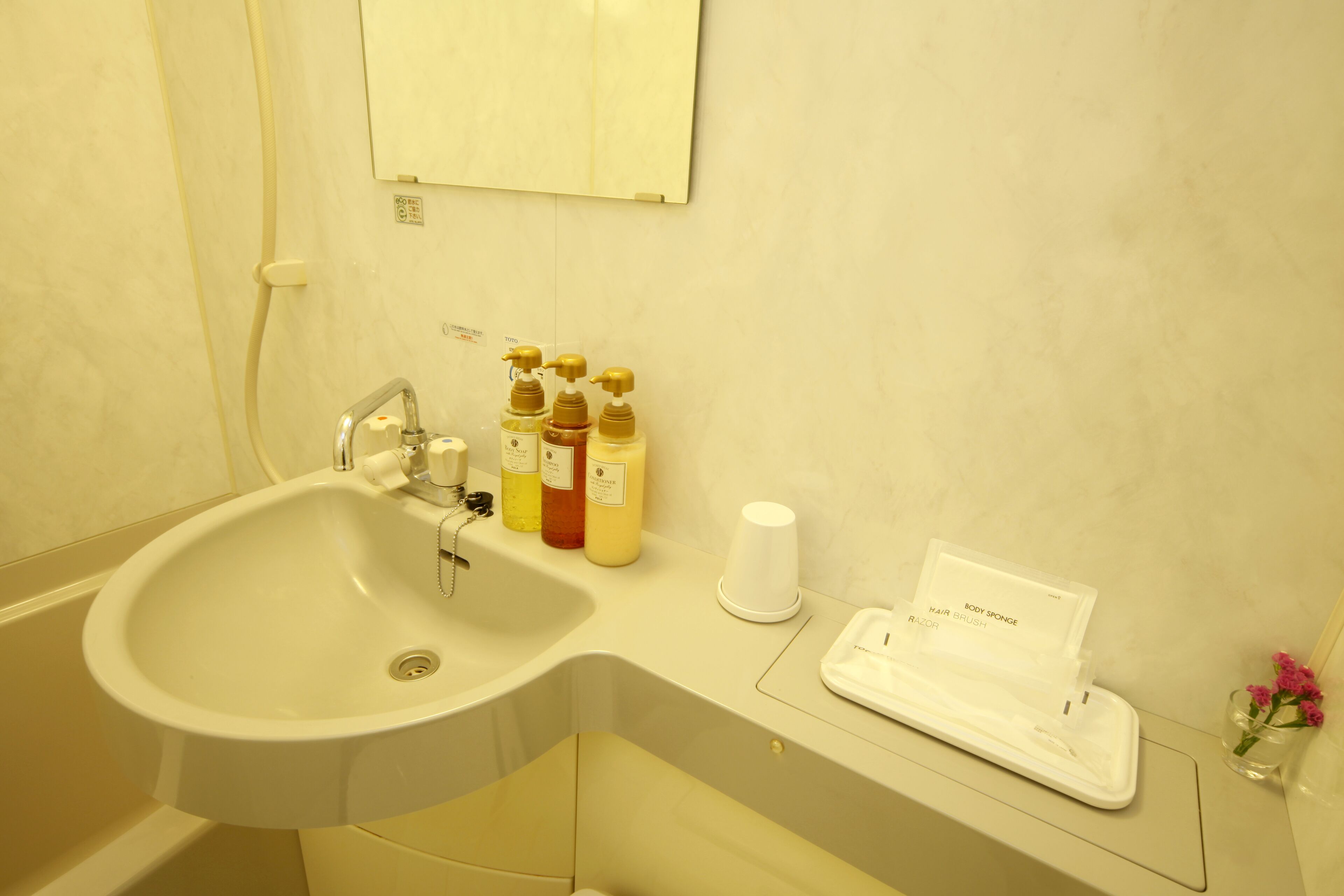 combined shower/bathtub, free toiletries, hair dryer, slippers