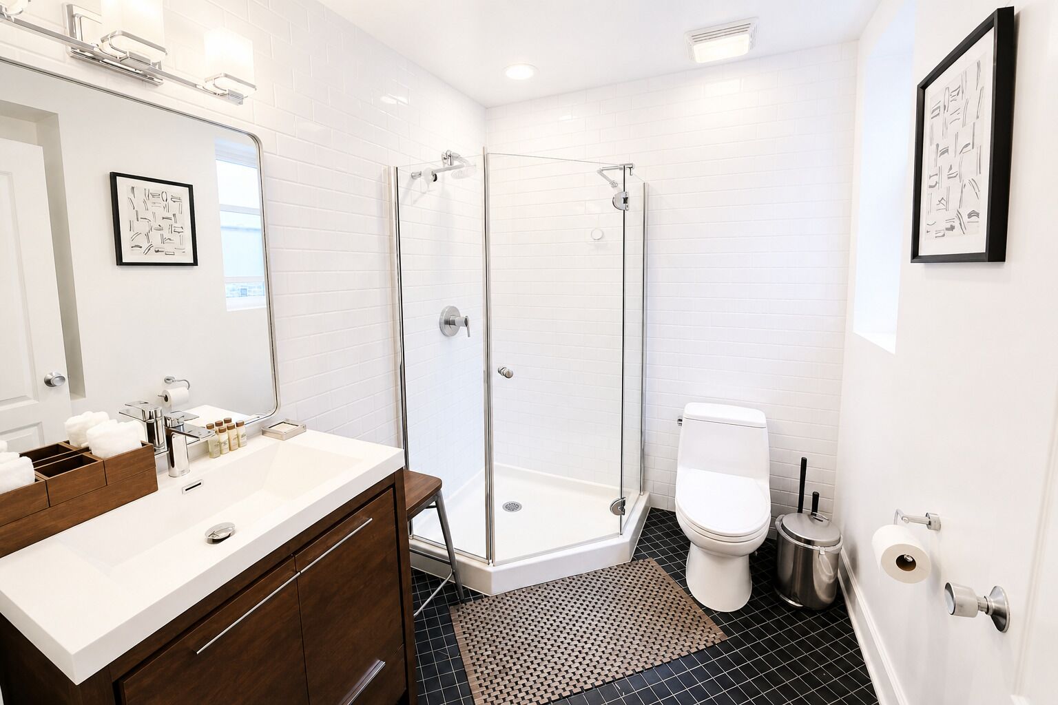 Une salle de bain moderne avec une douche à parois de verre, des toilettes blanches et un meuble-lavabo doté d’un miroir et d’un évier.