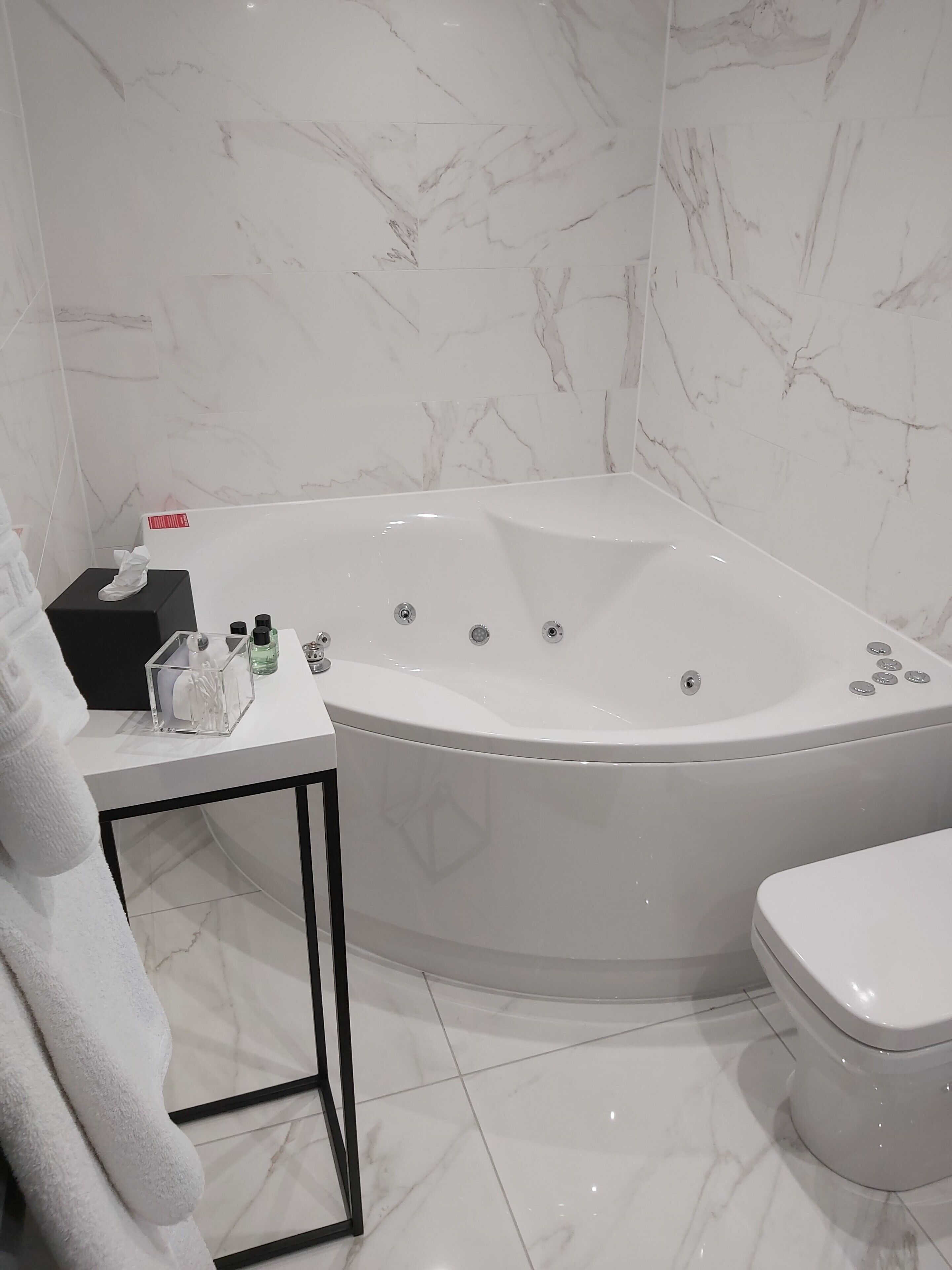 honeymoon double room | bathroom | shower, designer toiletries, hair dryer, towels