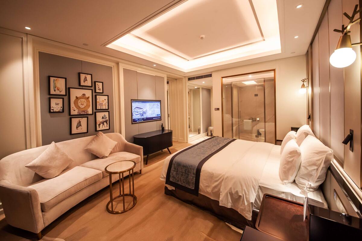 Una habitación de hotel moderna con sofá, cama, televisión y obras de arte enmarcadas en la pared.