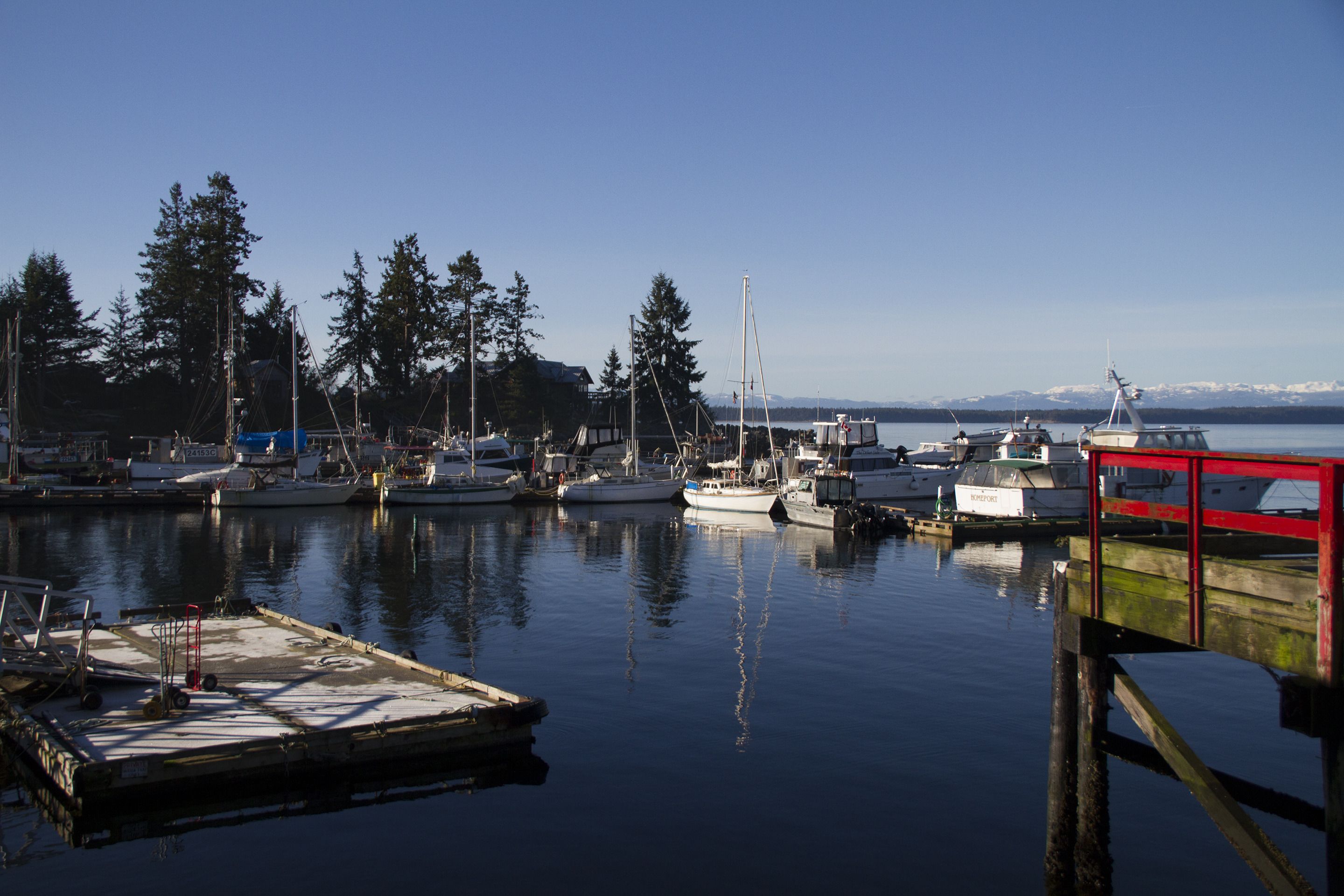 A marina with boats docked, calm water, and a clear sky.