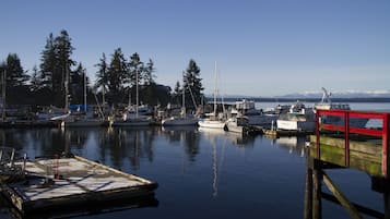 A marina with boats docked, calm water, and a clear sky.