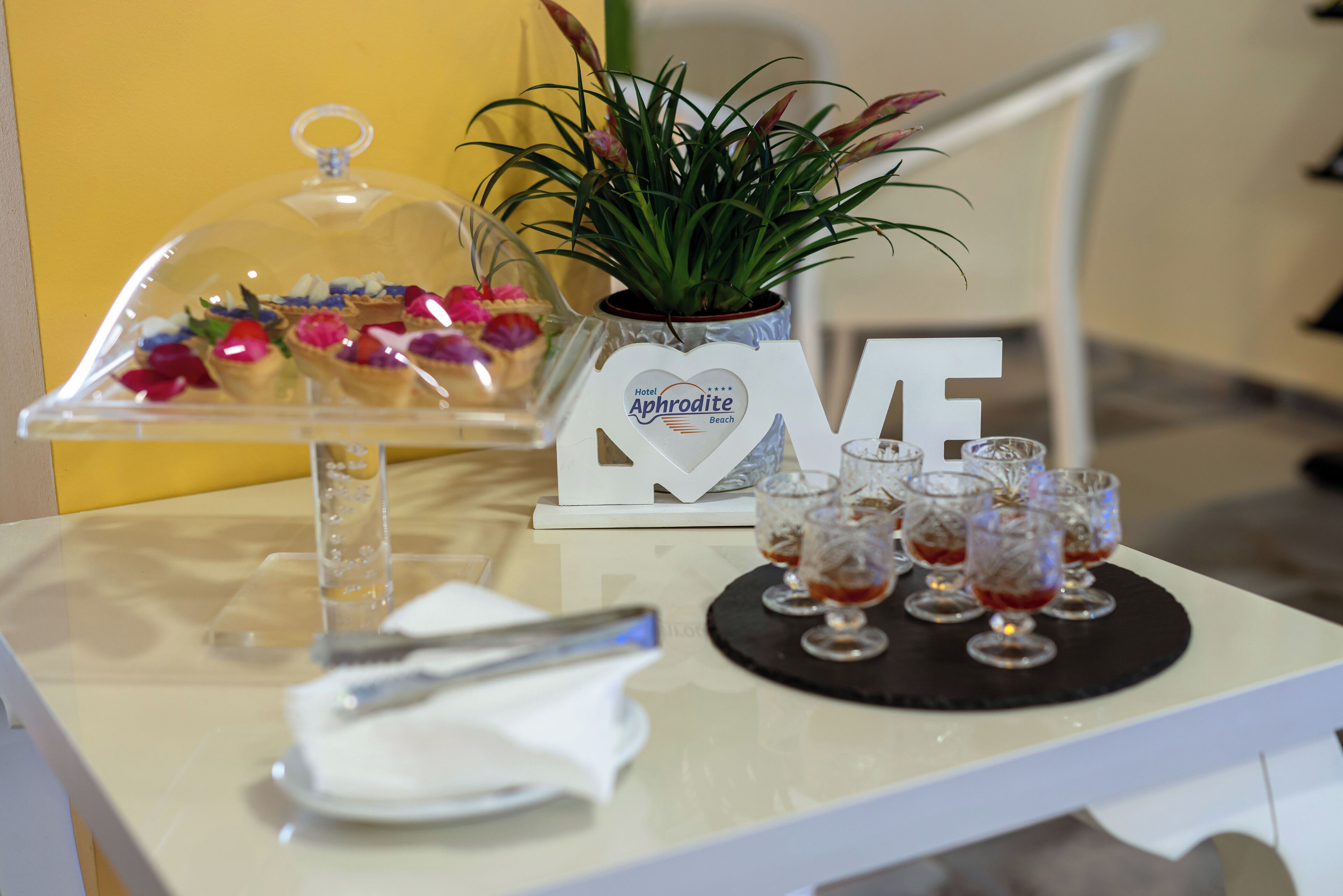 A table with a glass cloche, a potted plant, a sign with 'Aphrodite Beach', and shot glasses on a black coaster.